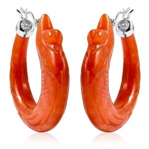 Red Jade Hand Carved Phoenix Hoop Earrings in Sterling Silver 1.25”